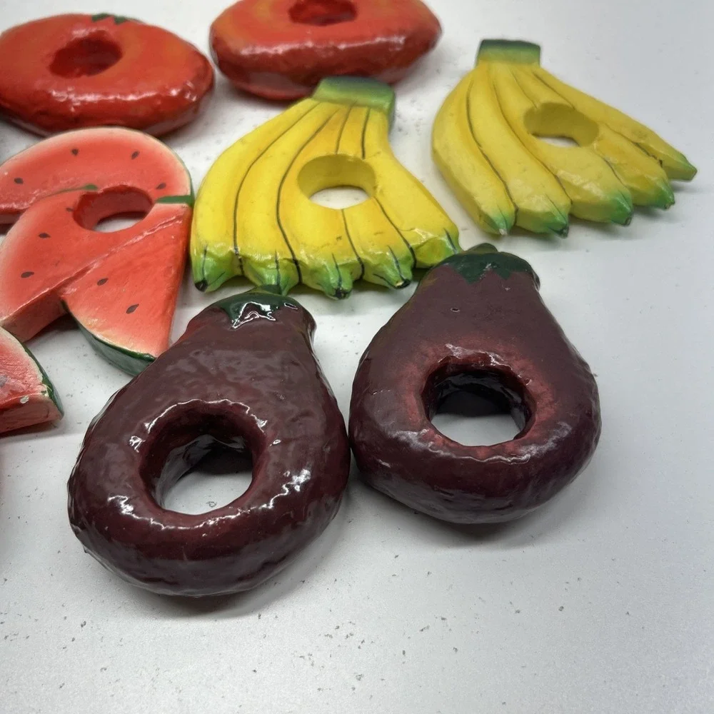 Vintage Wooden Fruit Napkin Rings Set 10 Watermelon‎ Hand Painted 1970's
